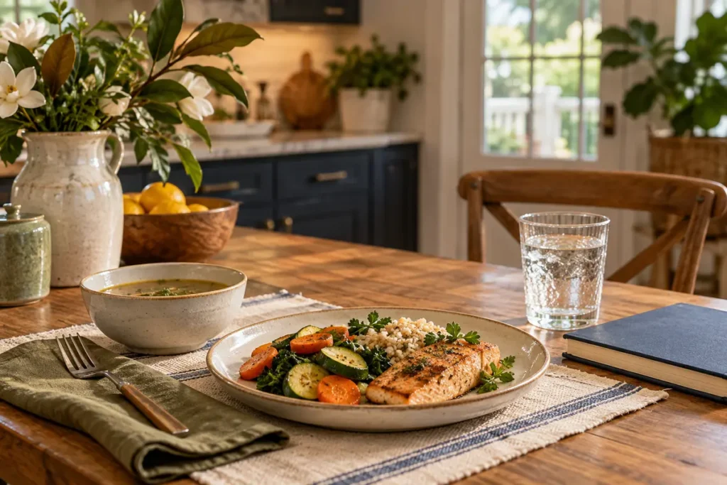 Modest meal, broth and water arranged for practical food support