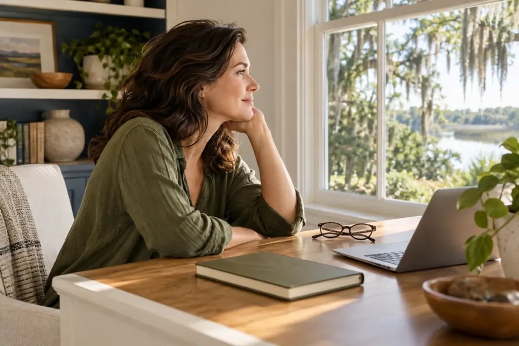 Adult taking a break from a computer beside a window