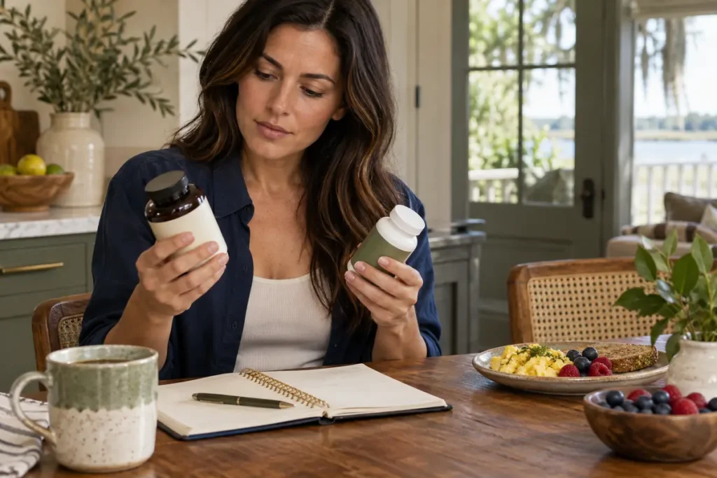 Adult comparing supplement labels beside a notebook