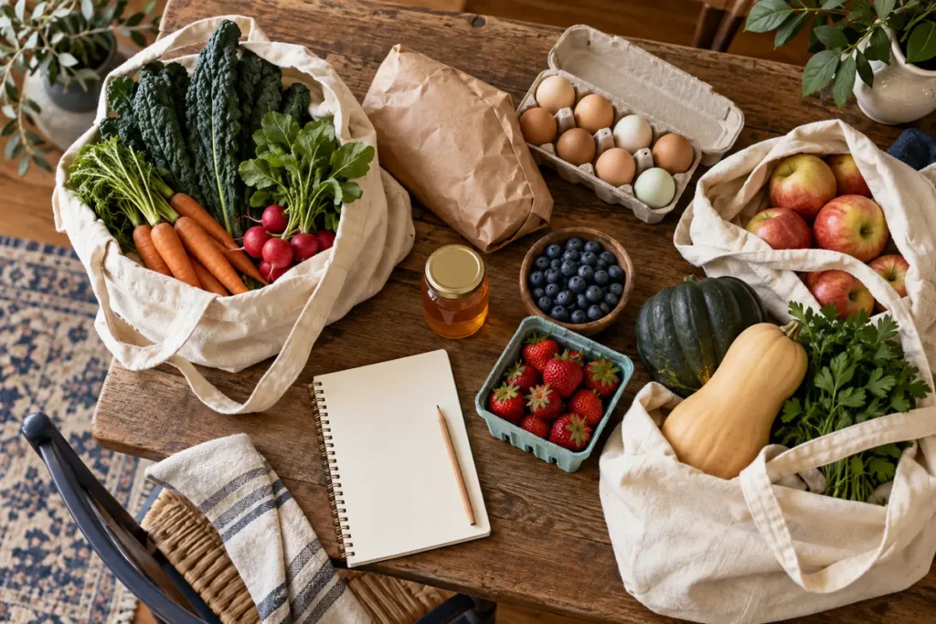 Whole-food groceries and a shopping notebook