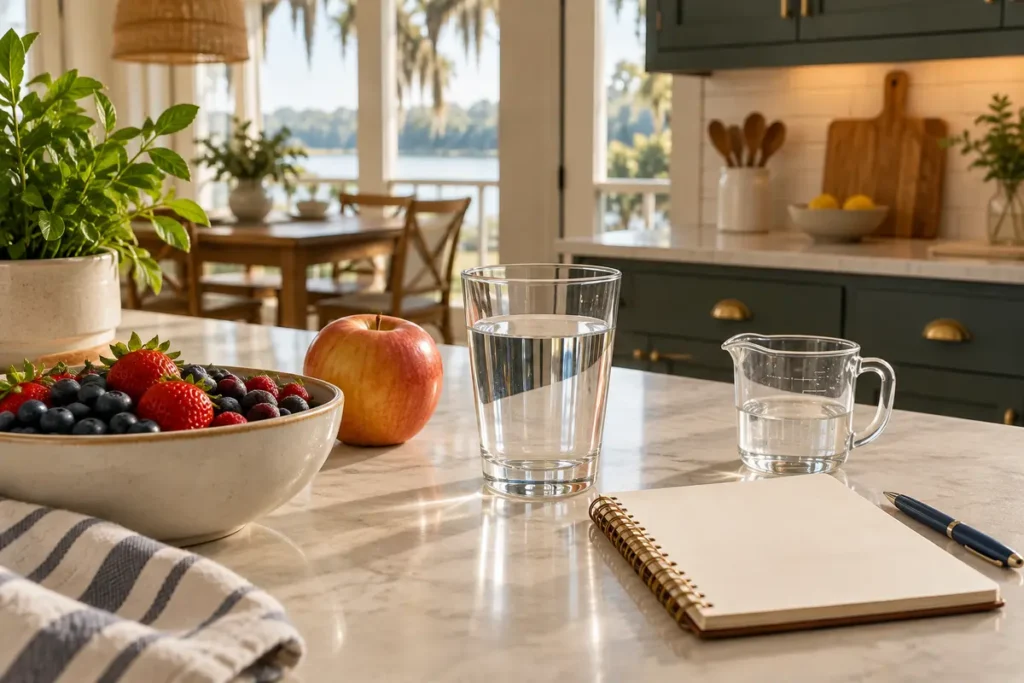 Water, measuring jug, fruit and a food notebook