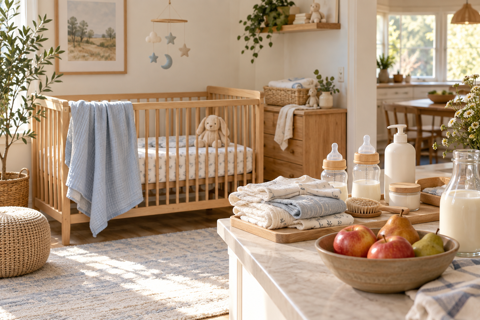 Healthy home assessment scene with water filtration, HVAC filter, unscented supplies and whole foods