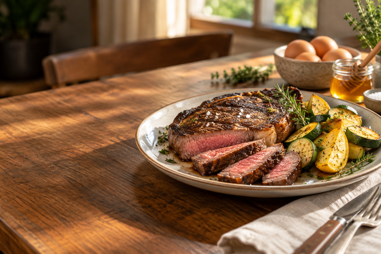 Grass-fed steak dinner with roasted squash and fresh whole-food ingredients
