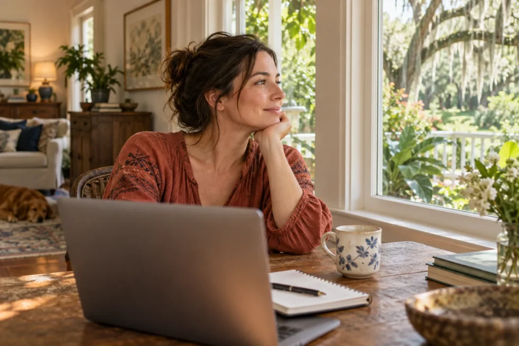Adult looking away from a laptop toward a garden window