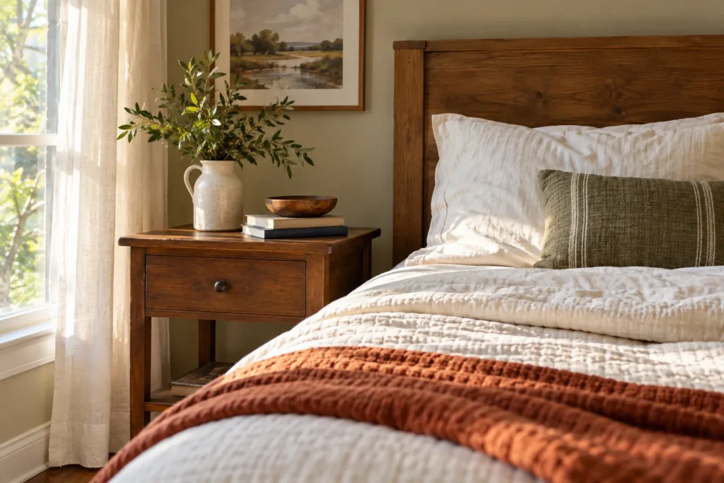 Plain cotton bedding and a wooden nightstand in morning light