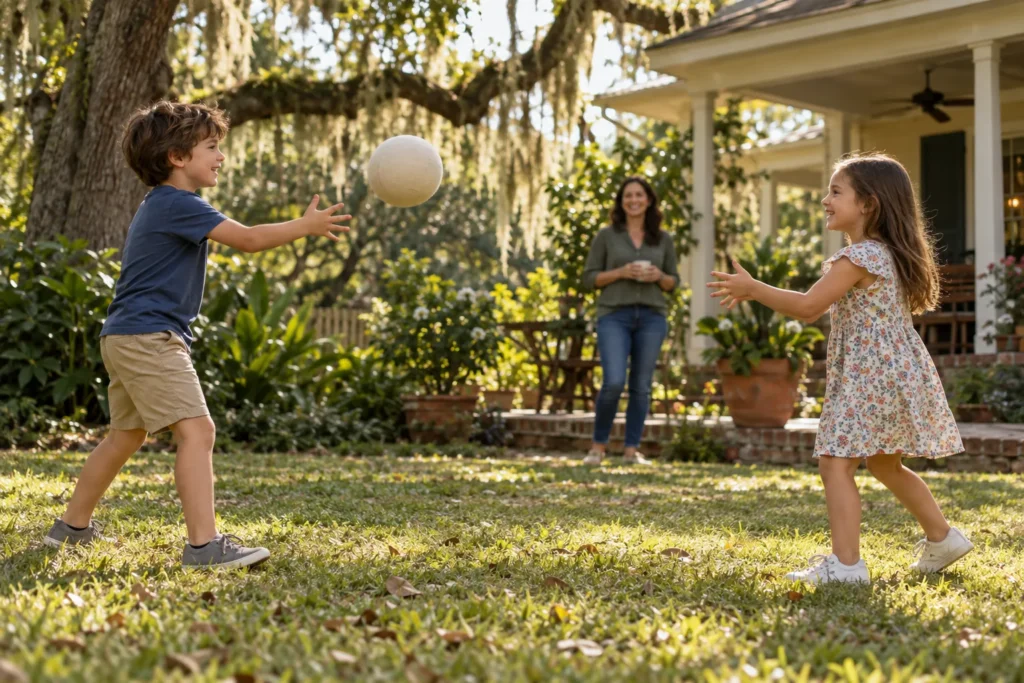 Children enjoying supervised outdoor play in a leafy yard