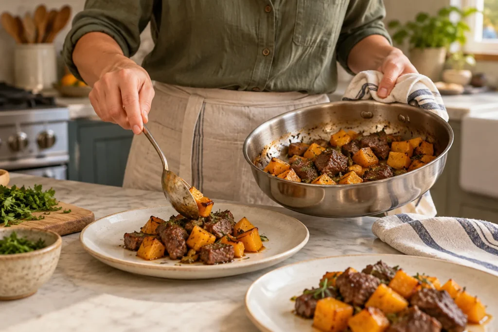 Hands cooking squash and beef with simple cookware