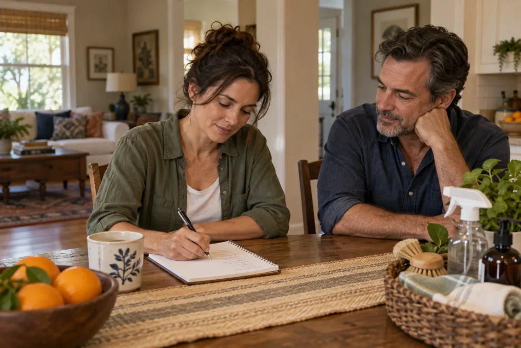 Couple preparing a practical weekly household plan
