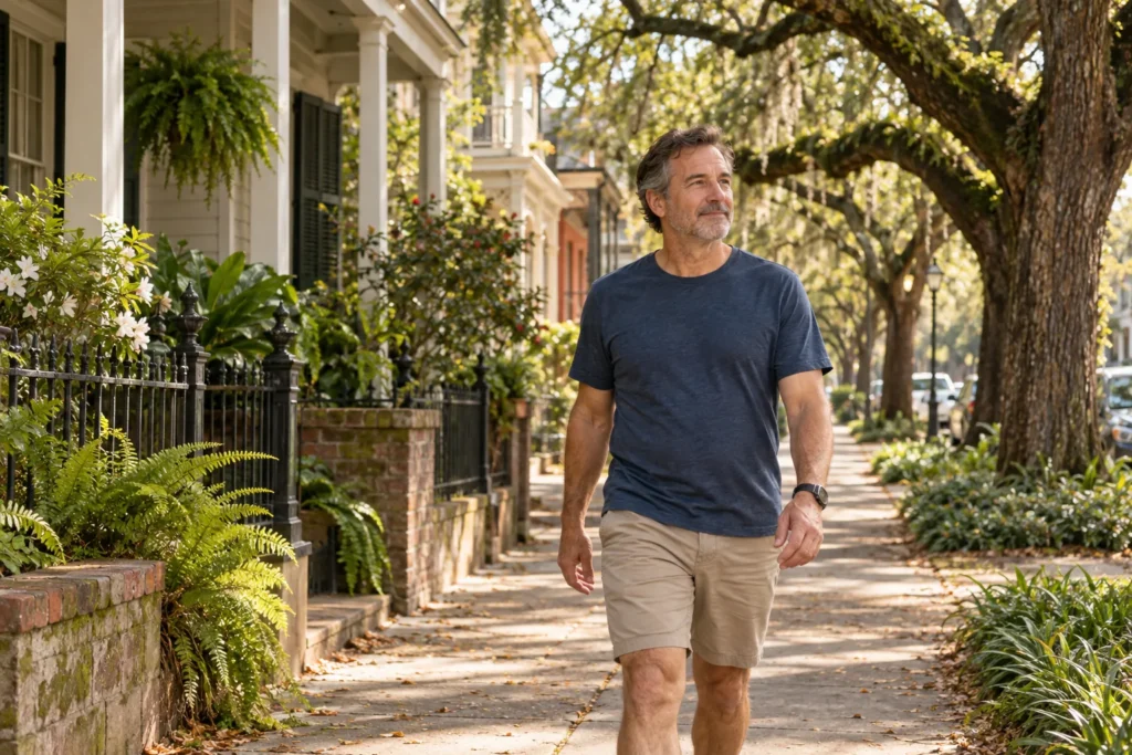 Adult walking along a shaded Louisiana neighborhood sidewalk