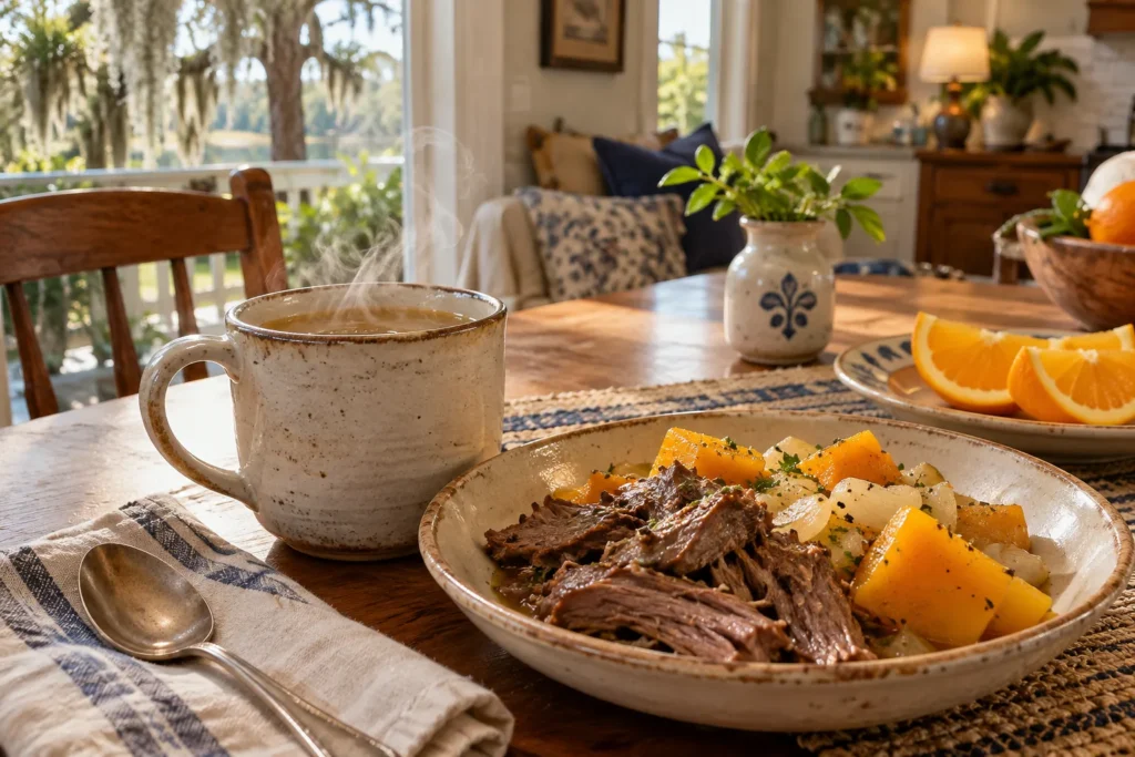 Warm broth and a simple whole-food meal ready at home