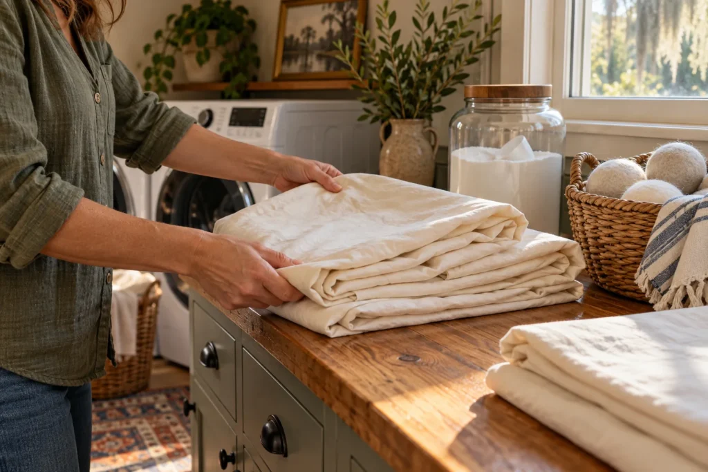 Folded cotton sheets beside a fragrance-free laundry routine