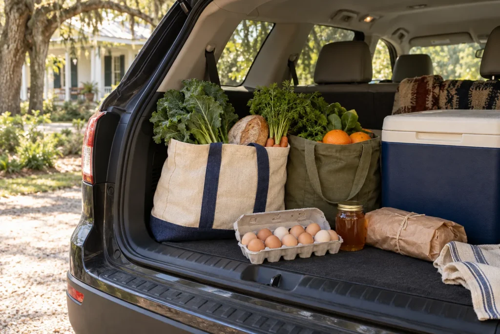 Whole-food groceries organized with a cooler for the drive home