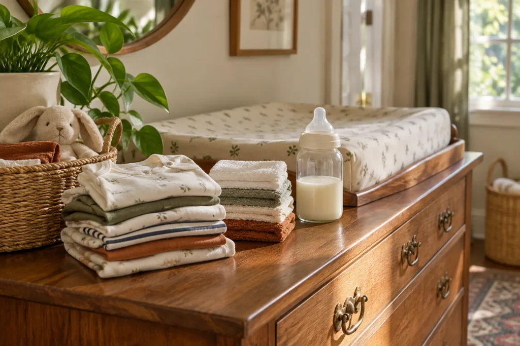Cotton baby clothes and practical nursery supplies on a dresser