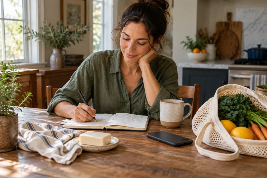 Household shopping notes beside a phone and simple product samples