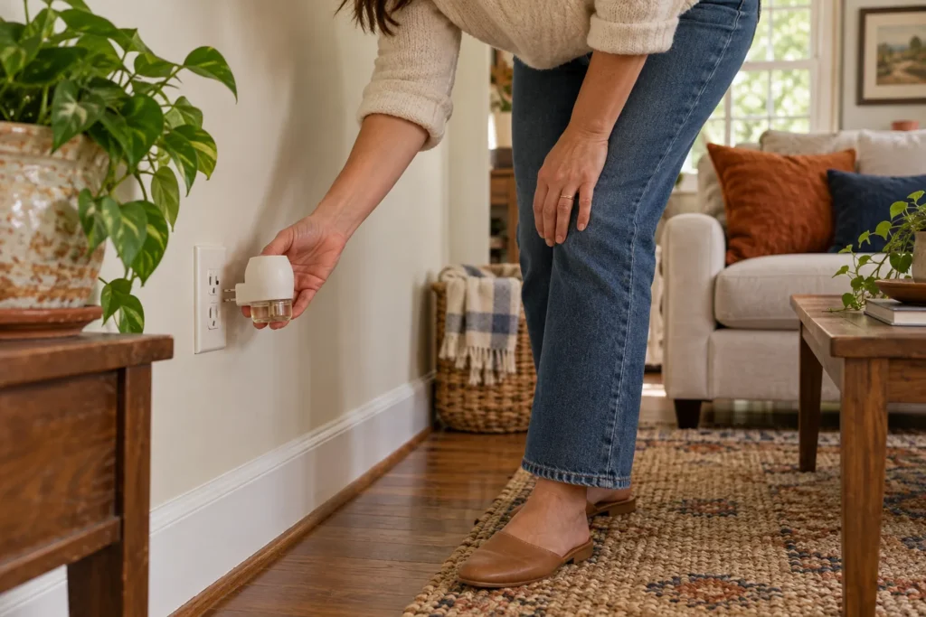 Adult removing a plug-in scent diffuser in a living room