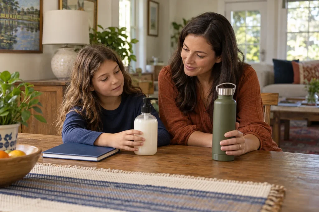 Adult and child comparing everyday household supplies