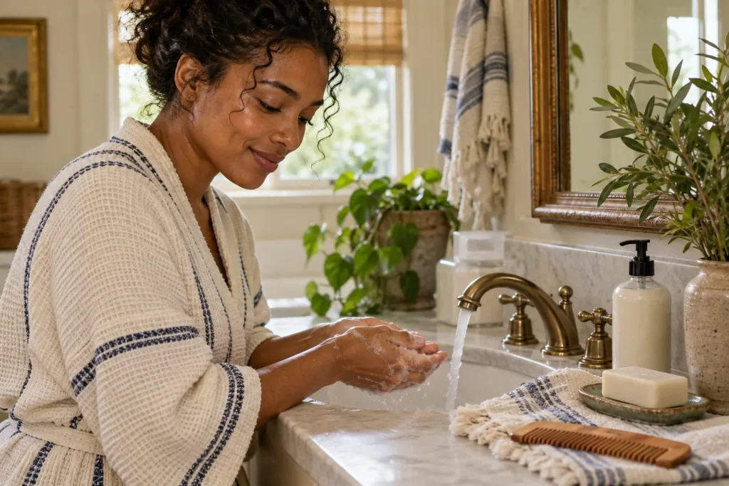 Simple toiletries and a cotton washcloth beside a bathroom basin