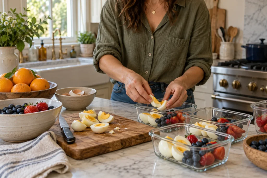 Eggs, berries and simple meal ingredients on a kitchen counter