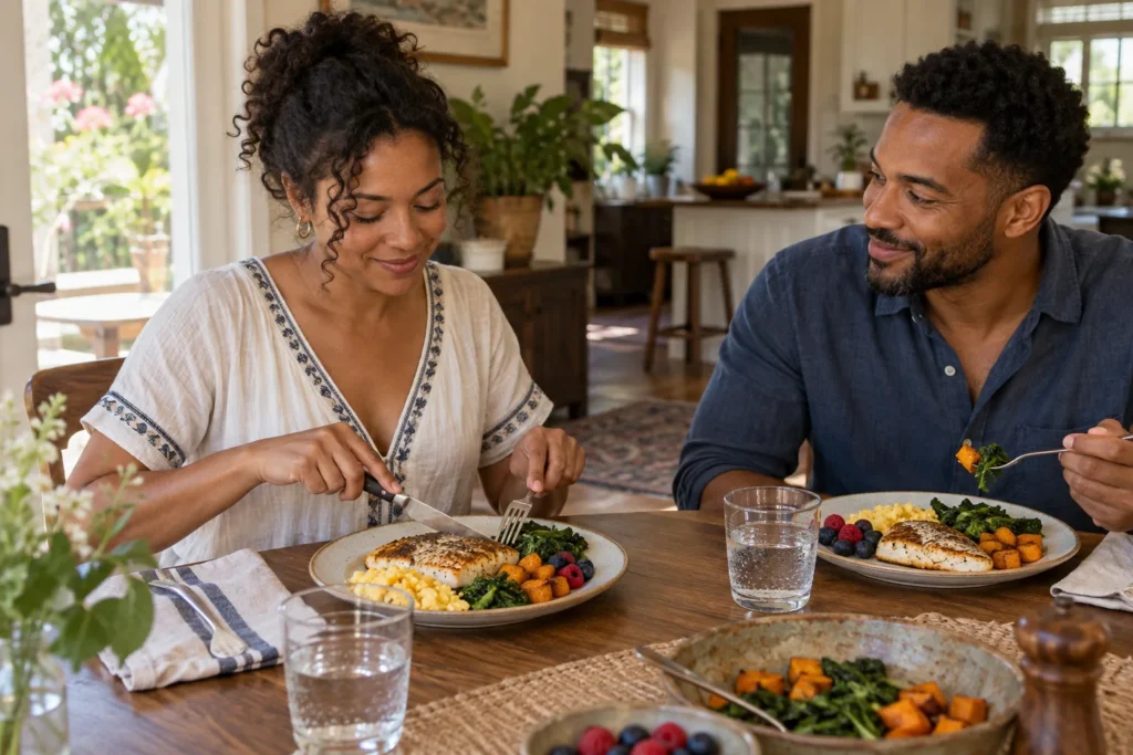 Adults sharing a whole-food meal at a kitchen table