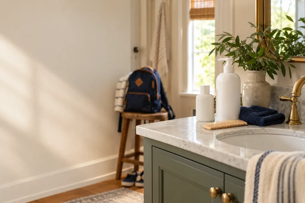 Simple family toiletries and cotton towels beside a bathroom sink