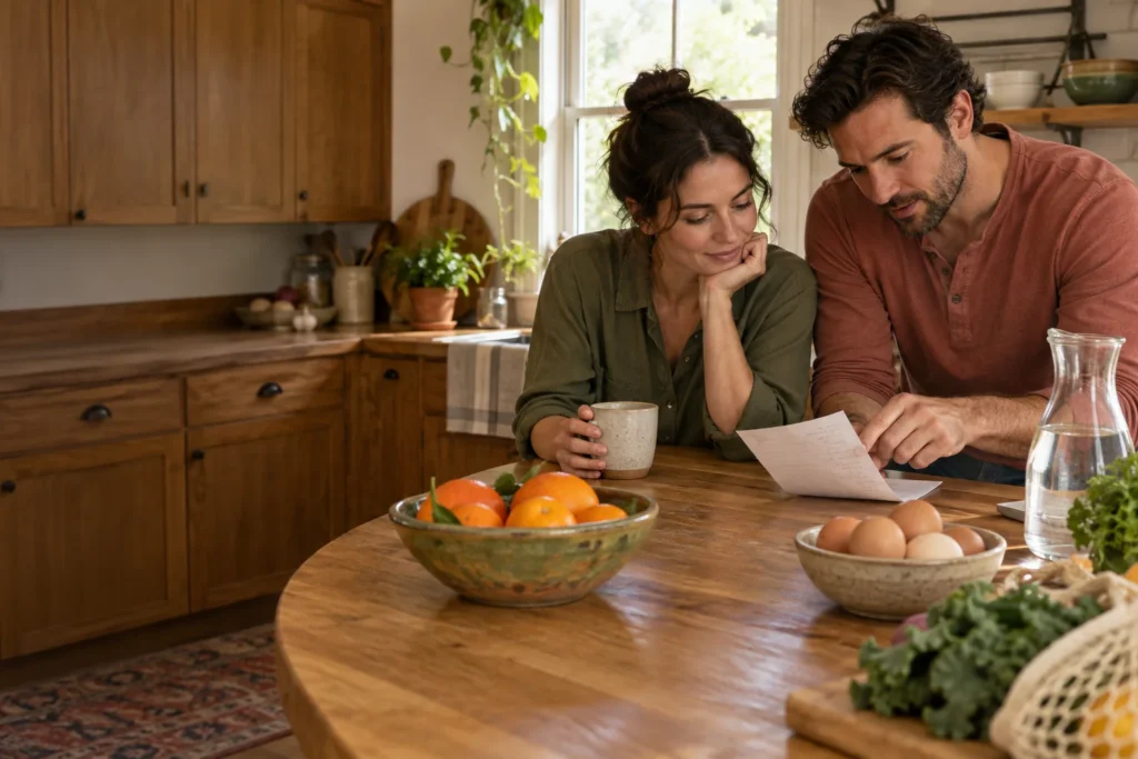 Couple discussing a shopping list at a kitchen table with eggs, oranges and water