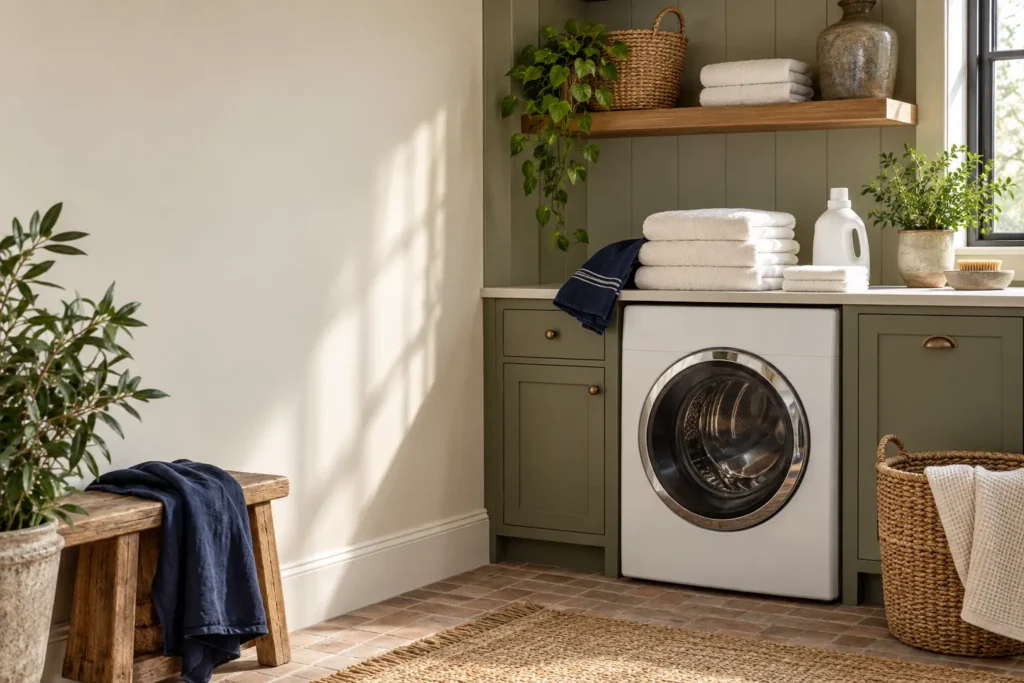 Fragrance-free laundry supplies and folded bedding beside a washing machine
