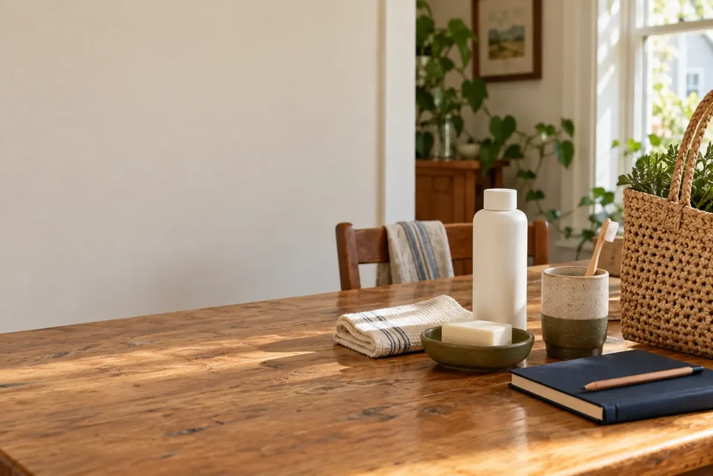 Simple household toiletries, a toothbrush and a notebook beside a reusable shopping bag