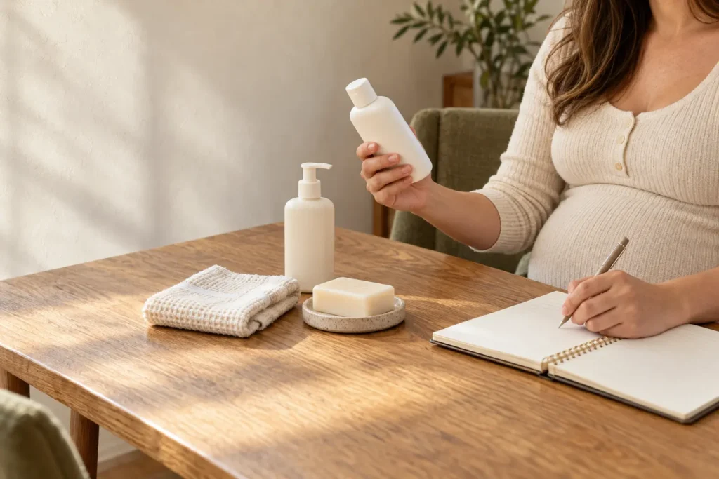 A pregnant woman reviewing toiletries and making notes at a table