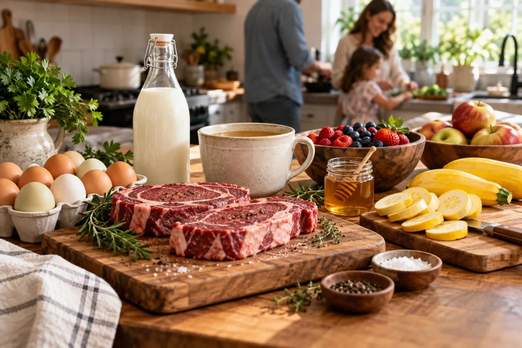 Steaks, eggs, milk, fruit, honey, and squash arranged in a family kitchen