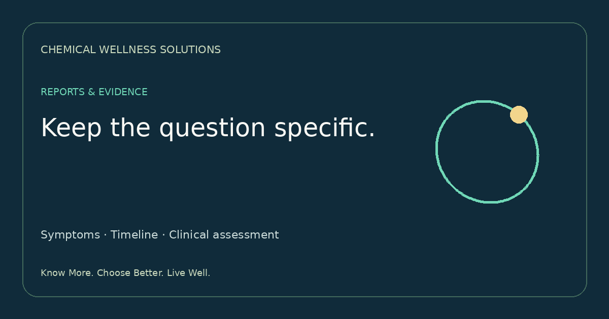 Reports & Evidence: Keep the question specific. Chemical Wellness editorial route illustration.